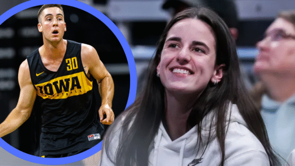 Caitlin Clark celebrates a basketball win, supported by boyfriend