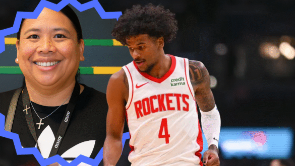 Bree Purganan, mother of NBA star Jalen Green, smiling in front of colorful seating.”